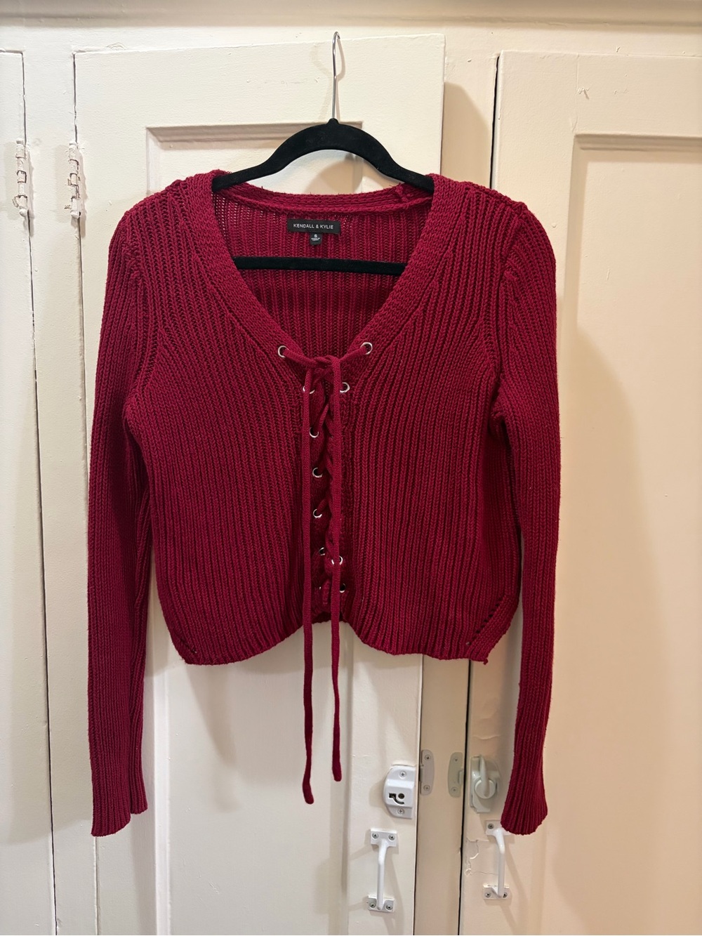 Kendall & Kylie Burgundy Lace Up Crop Sweater S Y2K 100% Cotton